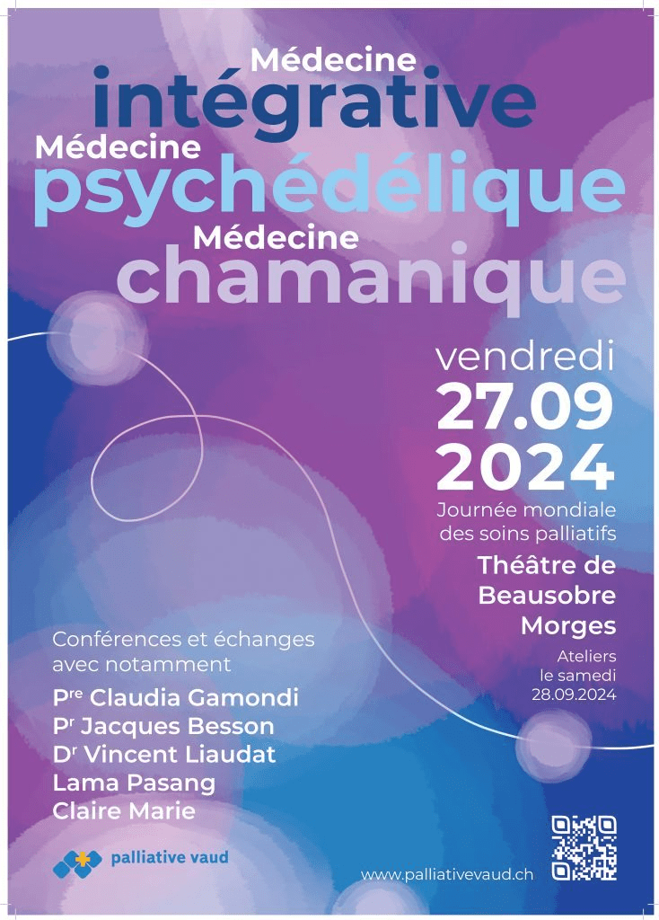 Affiche de la journée des soins palliatifs «Médecine intégrative, médecine psychédélique, médecine chamanique»